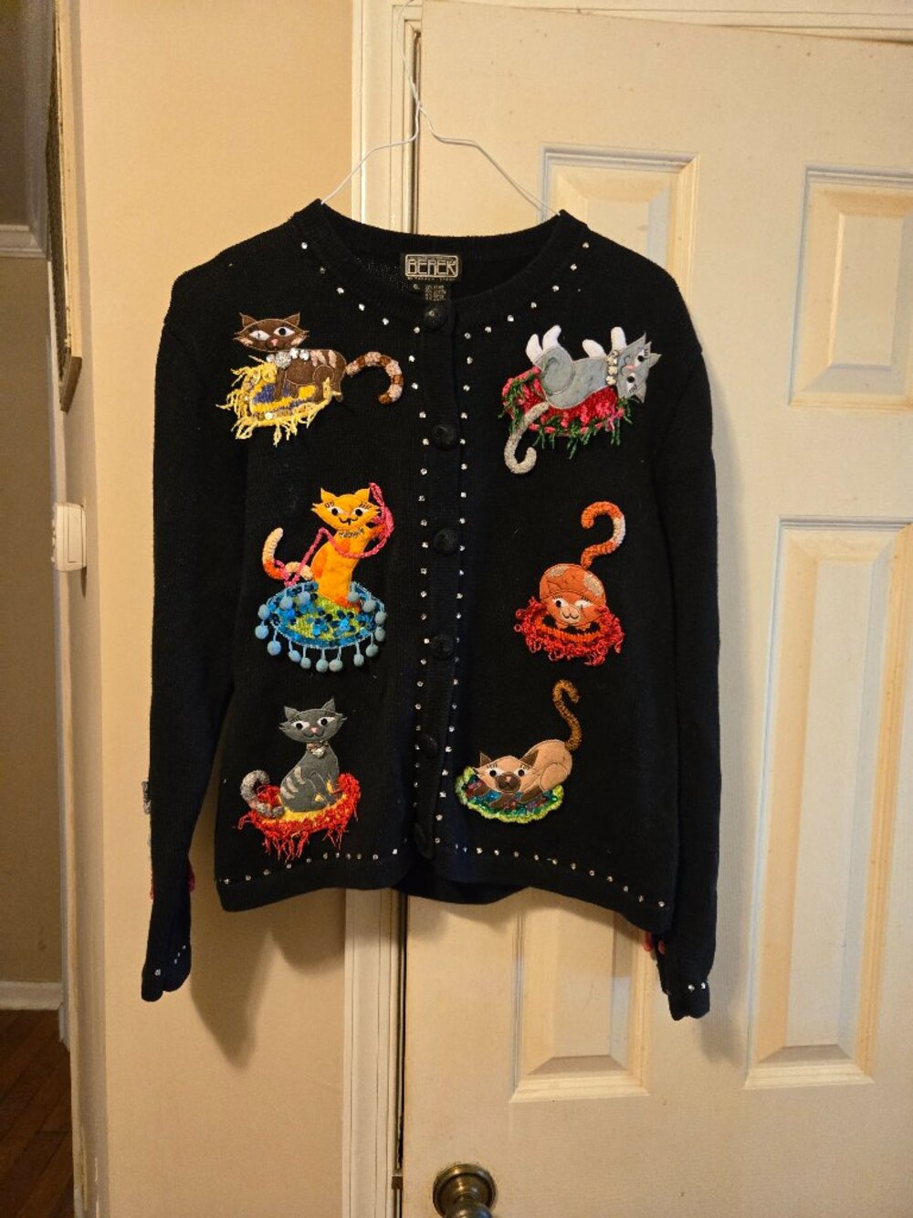Berek XL vintage cardigan black sweater with lots of cute details on entire